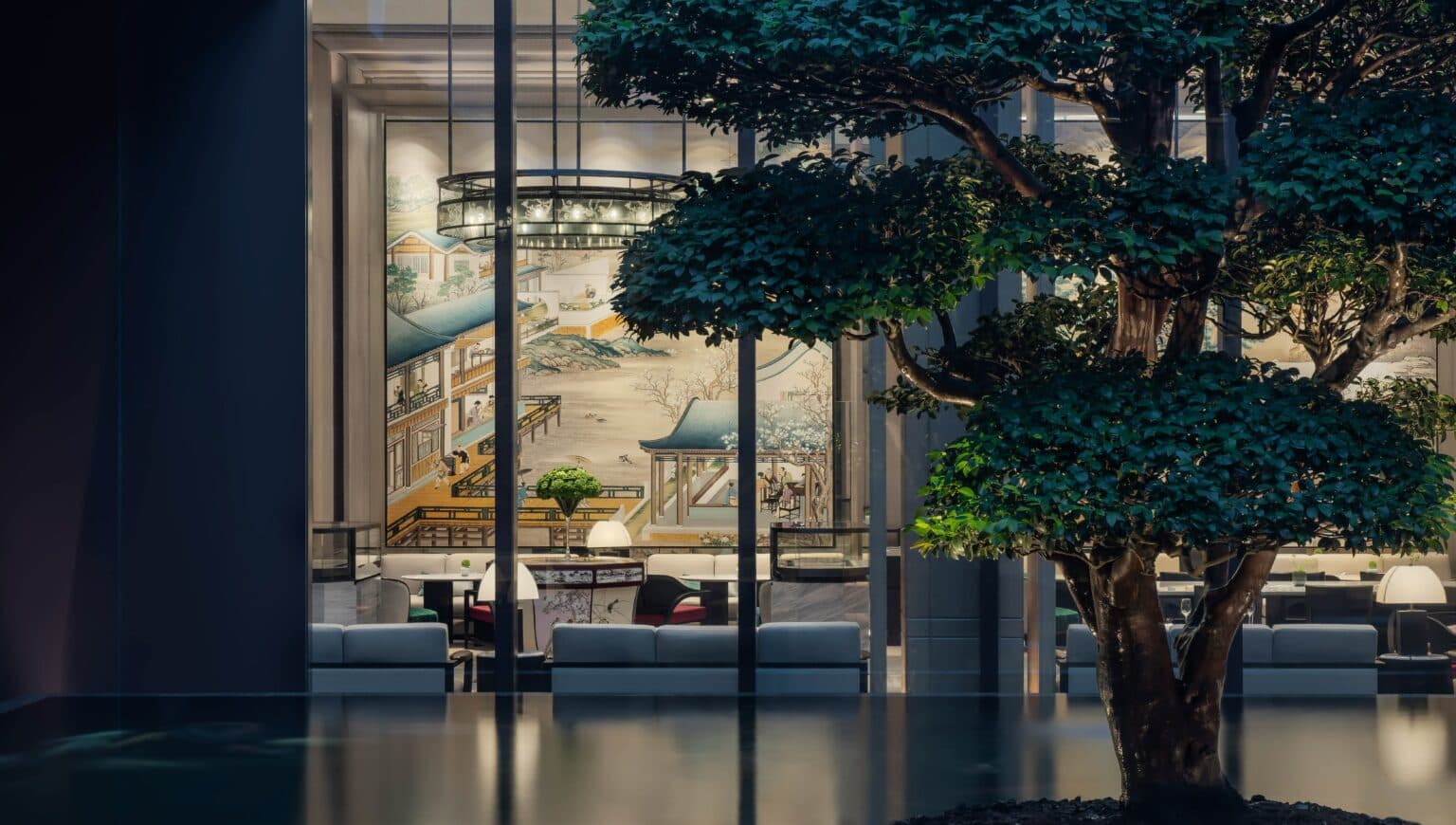 Lounge pavilion seen across the water