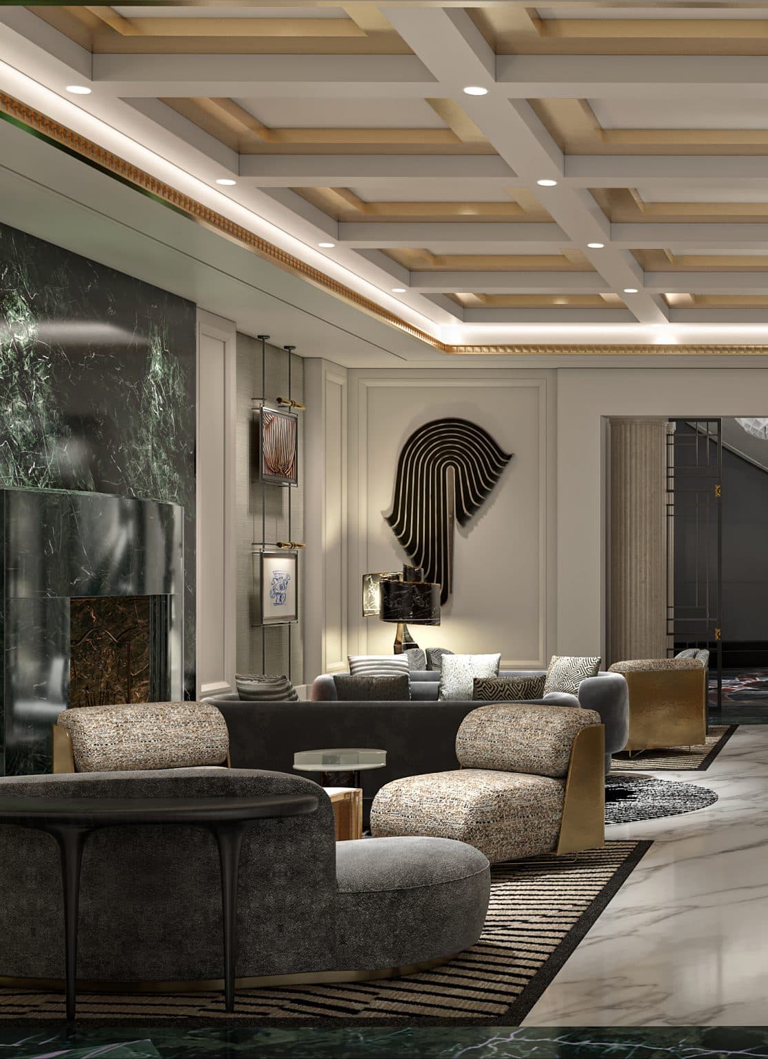 Lobby lounge corner with tall windows and tailored seating