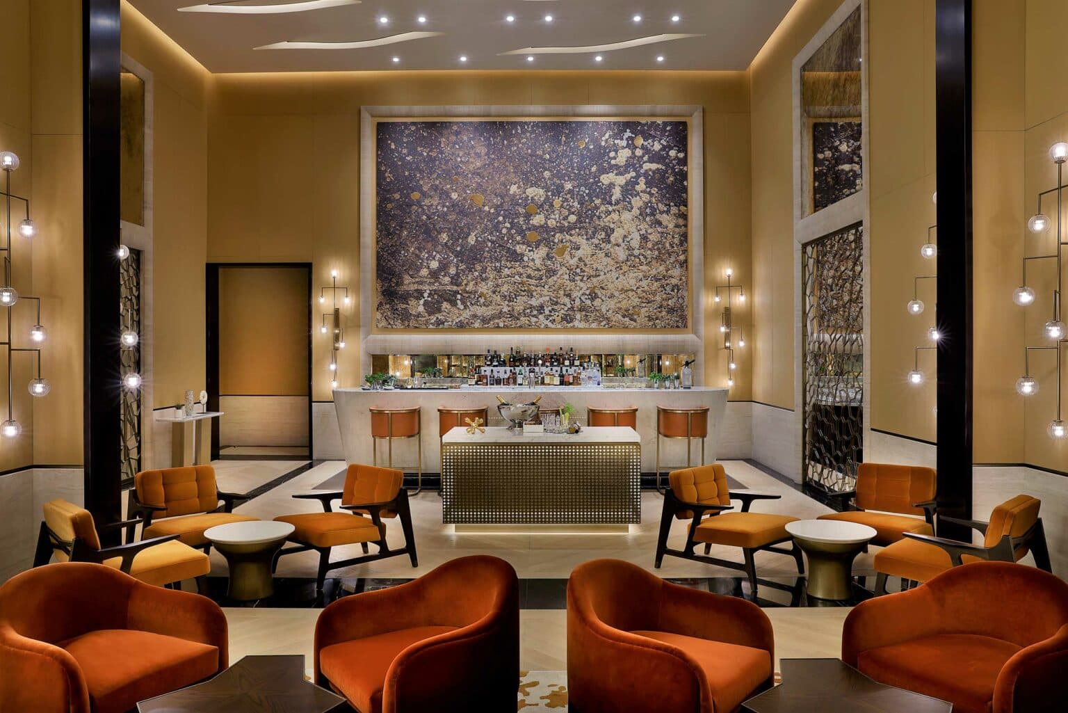 Lounge seating with warm evening lighting