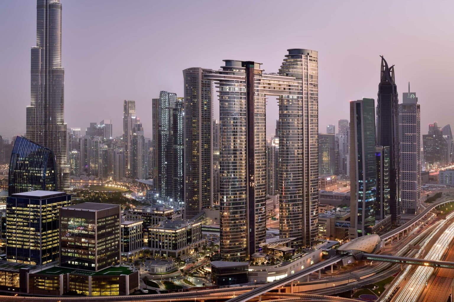 City view from the penthouse terrace at dusk
