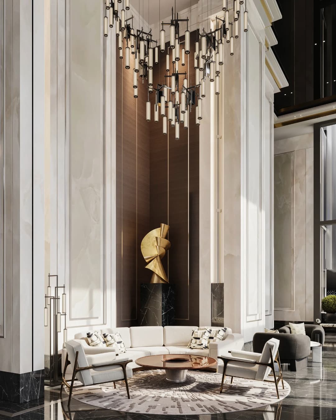 Double-height penthouse lounge with layered seating and heritage detailing