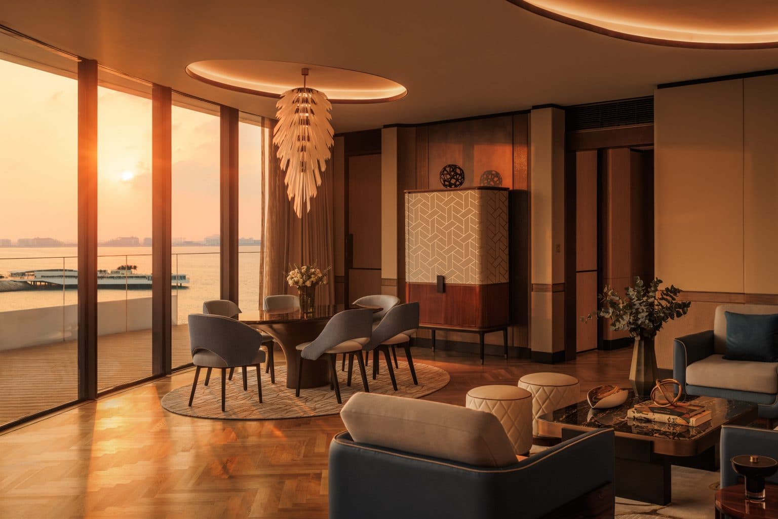 Lounge corner with a deep-seated sofa facing the lake