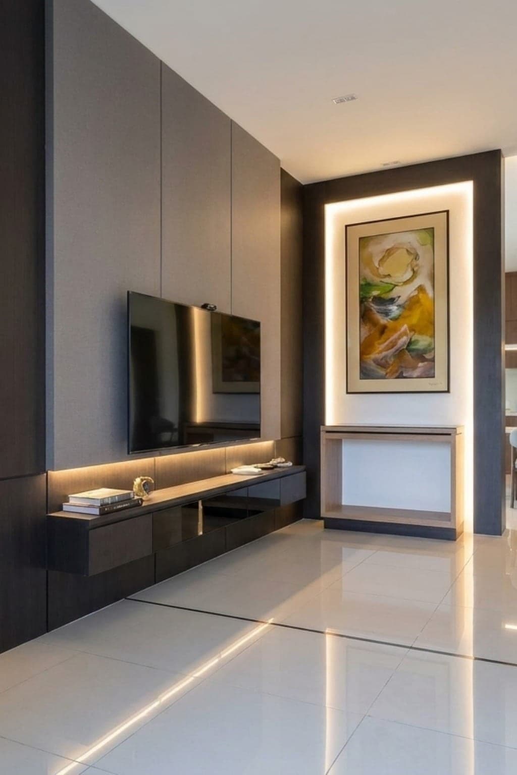 Living room TV wall with backlit timber panels and a framed artwork niche