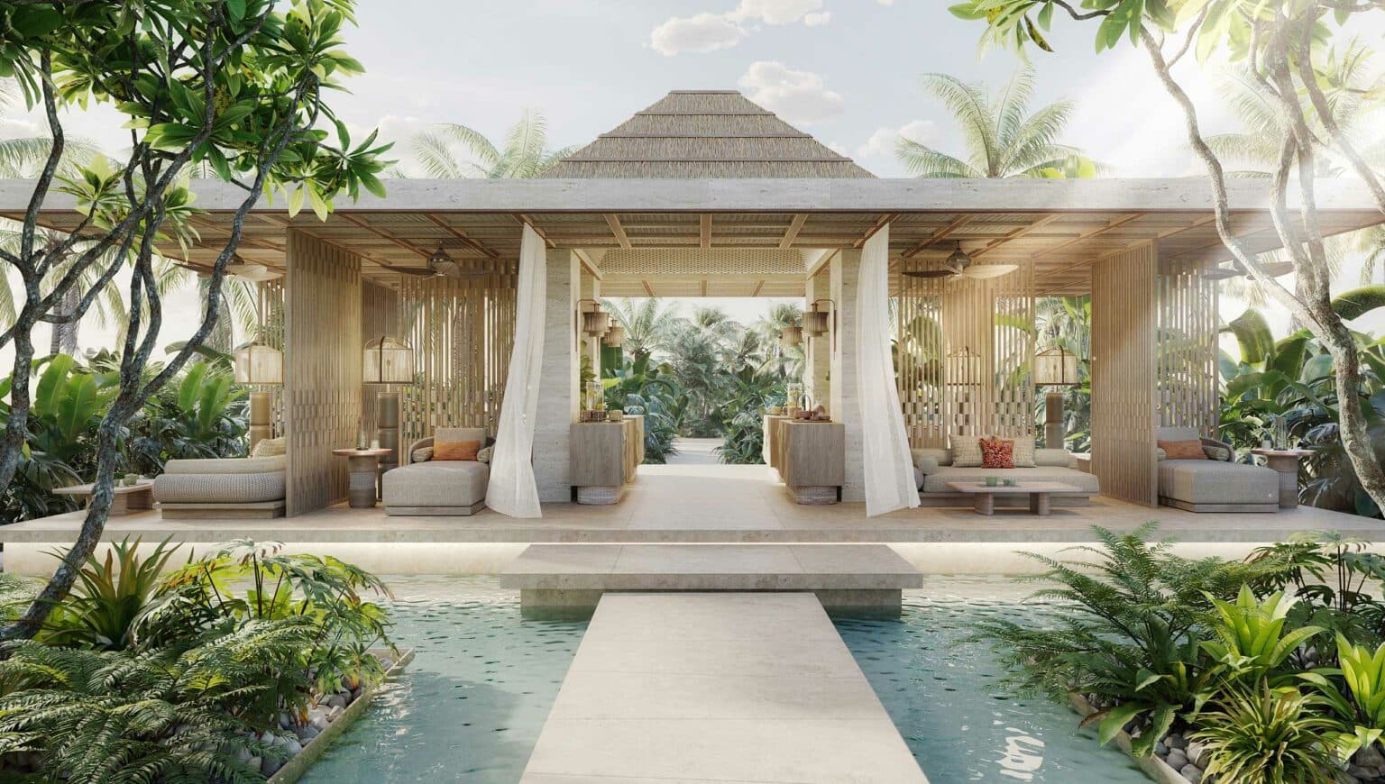 Open-air lounge pavilion with timber detailing and lush greenery